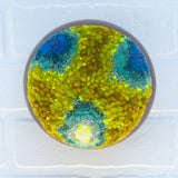 Puff Sculpture in Vintage Teak Frame | Blue + Bright Chartreuse