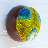 Puff Sculpture in Vintage Teak Frame | Blue + Bright Chartreuse