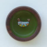 Embroidered Folk Art Bird in Vintage Teak Frame | Green