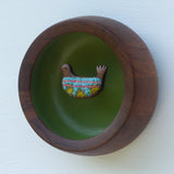 Embroidered Folk Art Bird in Vintage Teak Frame | Green