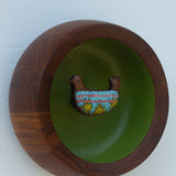 Embroidered Folk Art Bird in Vintage Teak Frame | Green