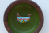 Embroidered Folk Art Bird in Vintage Teak Frame | Green