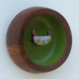 Embroidered Folk Art Bird in Vintage Teak Frame | Green