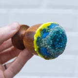 Mini Puff in Vintage Teak Egg Cup | Aqua + Neon