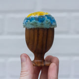 Mini Puff in Vintage Teak Egg Cup | Yellow + Blue