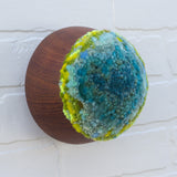 Puff Fiber Sculpture in Vintage Teak Frame | Aqua + Neon