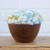 Puff Fiber Sculpture in Vintage Teak Frame | White + Yellow + Blue