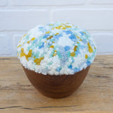Puff Fiber Sculpture in Vintage Teak Frame | White + Yellow + Blue