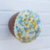 Puff Fiber Sculpture in Vintage Teak Frame | White + Yellow + Blue