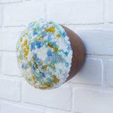 Puff Fiber Sculpture in Vintage Teak Frame | White + Yellow + Blue
