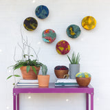Puff Collection | Fluffy Reds and Chartreuse Fiber Art in Vintage Teak Bowl