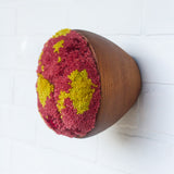 Puff Collection | Fluffy Reds and Chartreuse Fiber Art in Vintage Teak Bowl