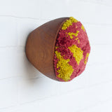 Puff Collection | Fluffy Reds and Chartreuse Fiber Art in Vintage Teak Bowl
