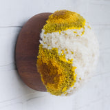 Puff Fiber Sculpture in Teak Frame | Mustard + White