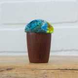 Mini Puff in Vintage Teak Egg Cup | Aqua + Neon