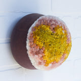 Puff Sculpture in Vintage Teak Frame | Mustard + Pink