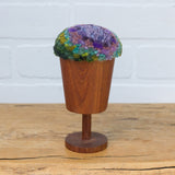 Puff Sculpture in Vintage Teak Goblet | Purple + Green