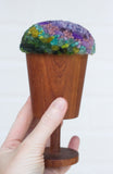 Puff Sculpture in Vintage Teak Goblet | Purple + Green