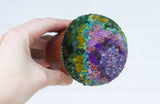 Puff Sculpture in Vintage Teak Goblet | Purple + Green