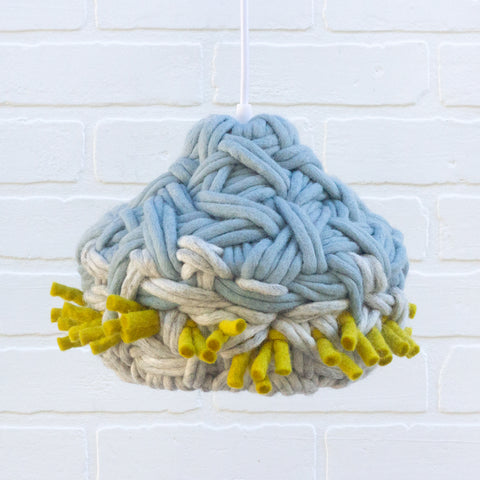 Handwoven Modern Pendant Lamp in Blue/Grey/Chartreuse Felted Yarn