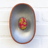 Modern Embroidered Medallion in Vintage Teak Oval Frame | Silver