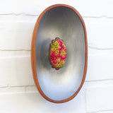 Modern Embroidered Medallion in Vintage Teak Oval Frame | Silver