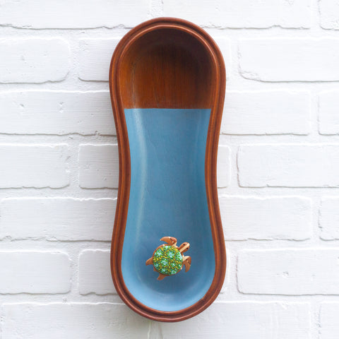 Embroidered Turtle in Rare Vintage Teak, Peanut Shaped Frame