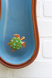 Embroidered Turtle in Rare Vintage Teak, Peanut Shaped Frame