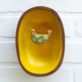 Embroidered Folk Art Bird in Teak Oval Frame | Golden Sun