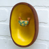 Embroidered Folk Art Bird in Teak Oval Frame | Golden Sun
