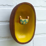 Embroidered Folk Art Bird in Teak Oval Frame | Golden Sun