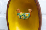 Embroidered Folk Art Bird in Teak Oval Frame | Golden Sun