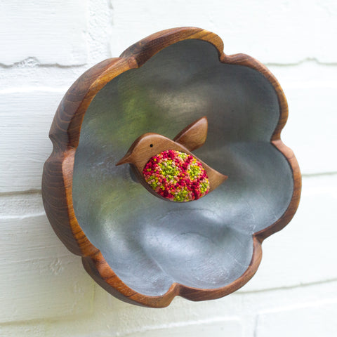 Embroidered Hummingbird in Rare Vintage Flower Bowl