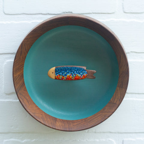 Embroidered Fish in Oversized Teak Bowl | Tropical