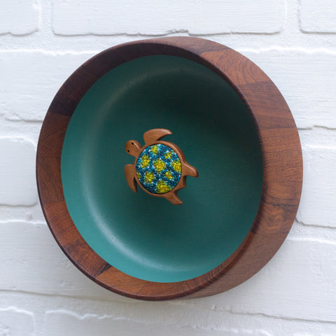 Embroidered Turtle in Oversized Teak Frame | Sea Green