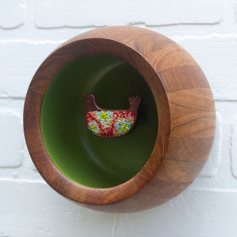 Embroidered Folk Art Bird in Extra Chunky Teak Frame | Green