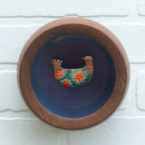 Embroidered Folk Art Bird in Vintage Teak Frame | Orange + Green