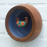 Embroidered Folk Art Bird in Vintage Teak Frame | Orange + Green