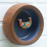 Embroidered Folk Art Bird in Vintage Teak Frame | Orange + Green
