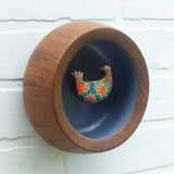 Embroidered Folk Art Bird in Vintage Teak Frame | Orange + Green