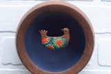 Embroidered Folk Art Bird in Vintage Teak Frame | Orange + Green