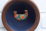 Embroidered Folk Art Bird in Vintage Teak Frame | Orange + Green