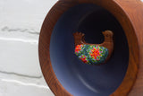 Embroidered Folk Art Bird in Vintage Teak Frame | Orange + Green