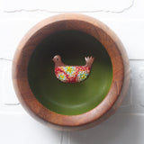 Embroidered Folk Art Bird in Extra Chunky Teak Frame | Green
