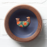 Embroidered Folk Art Bird in Vintage Teak Frame | Orange + Green