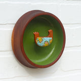 Embroidered Bird in Teak Frame | Green