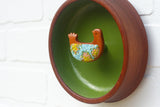 Embroidered Bird in Teak Frame | Green