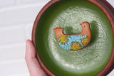 Embroidered Bird in Teak Frame | Green