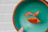 Embroidered Hummingbird in Vintage Teak Frame | Rainbow