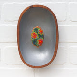 Modern Embroidered Oval Framed in Vintage Teak | Silver Background